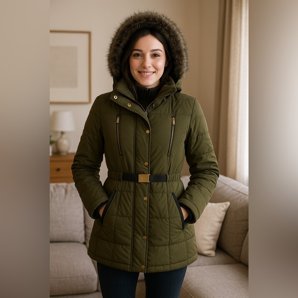 Rampage Women’s Olive Faux Fur Hood Winter Puffer Coat Belted Jacket Size Large